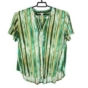 Women's Est 1946 Green & Gold Striped Blouse Top Short Sleeve V Neck Size XL